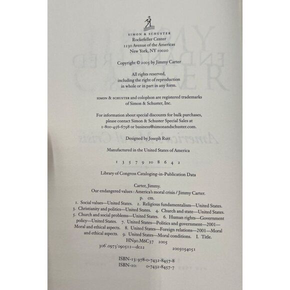 President Jimmy Carter Signed Book Our Endangered Values HC DJ JSA COA - Picture 6 of 8